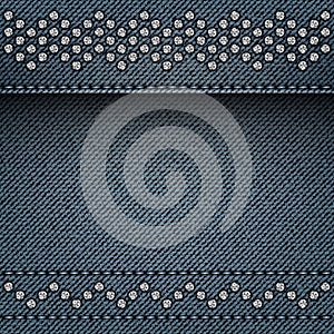 Blue denim background with stitches and silver spangles