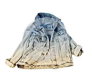 Blue denim jacket isolated on white, jean flying dungaree
