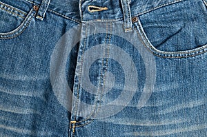 Blue Denim jeans close up detail. Casual Trendy