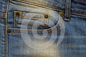 Blue denim with seam, studs and Jeans pocket for background