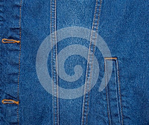 Blue denim texture. Closeup of denim jacket elements. Back for banner, poster or adrift