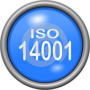 Blue design ISO 14001 in round 3D button