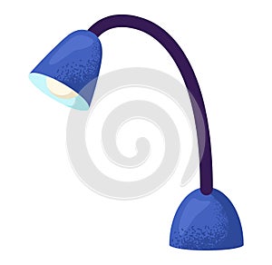 Blue desk lamp with curved neck and modern design. Office light, reading lamp with texture. Workspace illumination