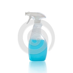 A blue  detergent spray bottle, isolated on a white background