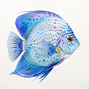 Blue Diamond Discus Fish: Detailed Watercolour Painting On White Background