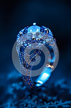 Blue diamond ring with diamonds on top. Generative AI