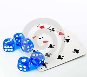 Blue dices and cards on white background