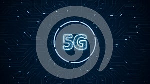 Blue digital 5G logo and futuristic technotogy circle HUD with circuit board and data transfer on abstract background