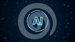 Blue digital AI logo and futuristic technotogy circle HUD with circuit board and data transfer on abstract background