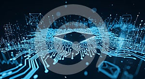 Blue digital binary code data flow with glowing circuit patterns and network nodes digital data circuit board