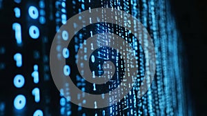 Blue Digital Binary Code Data Flowing on Computer Screen Background. Stream of Binary Digits.