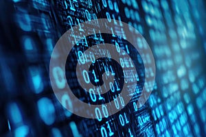 Blue digital binary code streaming on a computer screen, creating a futuristic and high-tech background