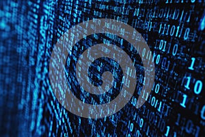 Blue digital binary code streaming on a computer screen, creating a futuristic and high-tech background