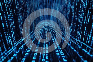 Blue digital binary code streaming on a computer screen, creating a futuristic and high-tech background
