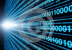 Blue digital binary code streams with bright light source