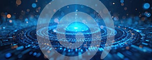 Blue digital binary data backdrop with coding, software algorithm programming. Data flow abstract background banner for