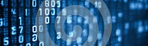 Blue digital binary data code on screen. Abstract tech binary code background in color blue, digital binary data and secure data