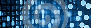 Blue digital binary data code on screen. Abstract tech binary code background in color blue, digital binary data and secure data