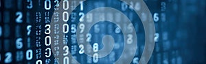 Blue digital binary data on computer screen with bokeh. Abstract information technology background. Digital binary code matrix