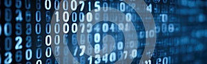 Blue digital binary data on computer screen with bokeh. Abstract information technology background. Digital binary code matrix