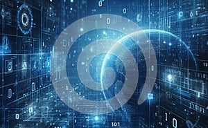 Blue digital binary data earth computer screen background - technology