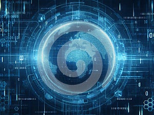 Blue digital binary data earth computer screen background - technology
