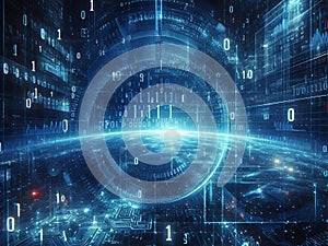 Blue digital binary data earth computer screen background - technology