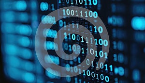 Blue digital binary data stream on computer screen. Numbers code information on monitor display. Programming software, data