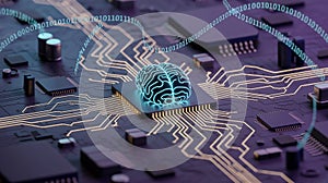 Blue digital brain on a computer chip with binary code and circuit board artificial intelligence