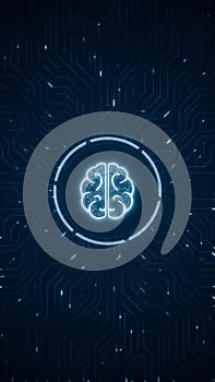 Blue digital brain logo and futuristic technotogy circle HUD with circuit board and data transfer on abstract background