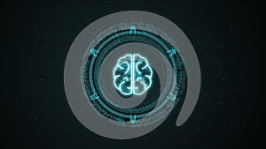 Blue digital brain logo with rotation HUD circle technology interface and futuristic elements abstract background