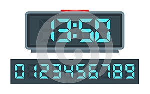 Blue digital clock and set of glowing numbers