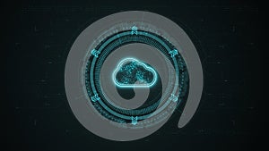 Blue digital cloud computing logo and data stroage system with rotation HUD circle technology interface and futuristic elements
