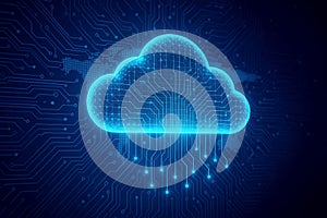 Blue Digital Cloud Icon with Circuit Board Patterns and Data Streams on Dark Background cloud computing