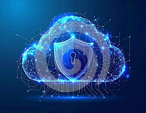 Blue digital cloud shield security connected dots and lines graphic