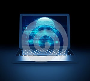 Blue digital cyber hacker on laptop screen 3d illustration