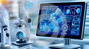 Blue Digital Data Interface on Computer Screen in Lab