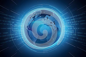 Blue digital Earth surrounded by binary codes and abstract lines