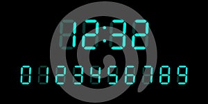 Blue digital glowing numbers for Lcd electronic devices screen isolated on black background. Vector Clock, timer concept