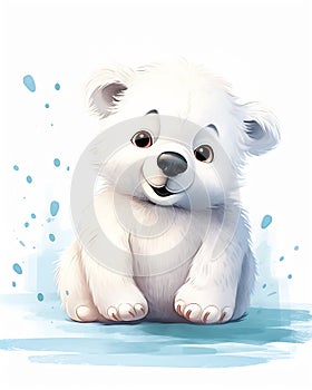 A blue digital illustration of a white bear sitting on the groun