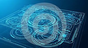 Blue digital interface with circular graphs and data lines technology