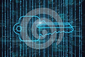 Blue digital key on coding language background. Technology and web access concept. 3D Rendering