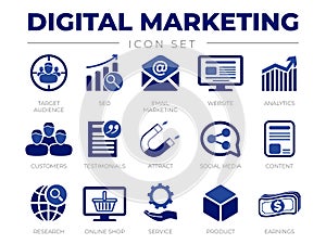Blue Digital Marketing Icon Set. Target Audience, SEO, Email Marketing, Website, Analytics, Customers, Testimonials, Attract,