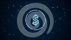 Blue digital money logo and futuristic technotogy circle HUD with circuit board and data transfer on abstract background financial