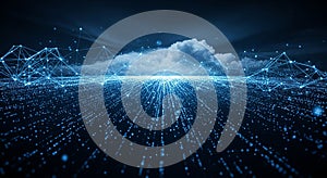 Blue digital network over data streams and clouds blue lights