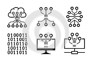 Blue digital network visualization with binary code, matrix of technology connections and data processing, tech line art icon set