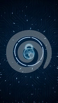 Blue digital security key logo and futuristic technotogy circle HUD with circuit board and data transfer on abstract background