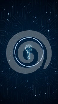 Blue digital security key logo and futuristic technotogy circle HUD with circuit board and data transfer on abstract background
