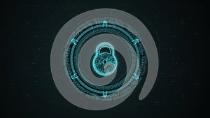 Blue digital security key logo with rotation HUD UI circle technology interface and futuristic elements abstract background