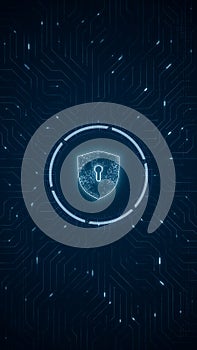 Blue digital security shield logo and futuristic technotogy circle HUD with circuit board and data transfer on abstract background